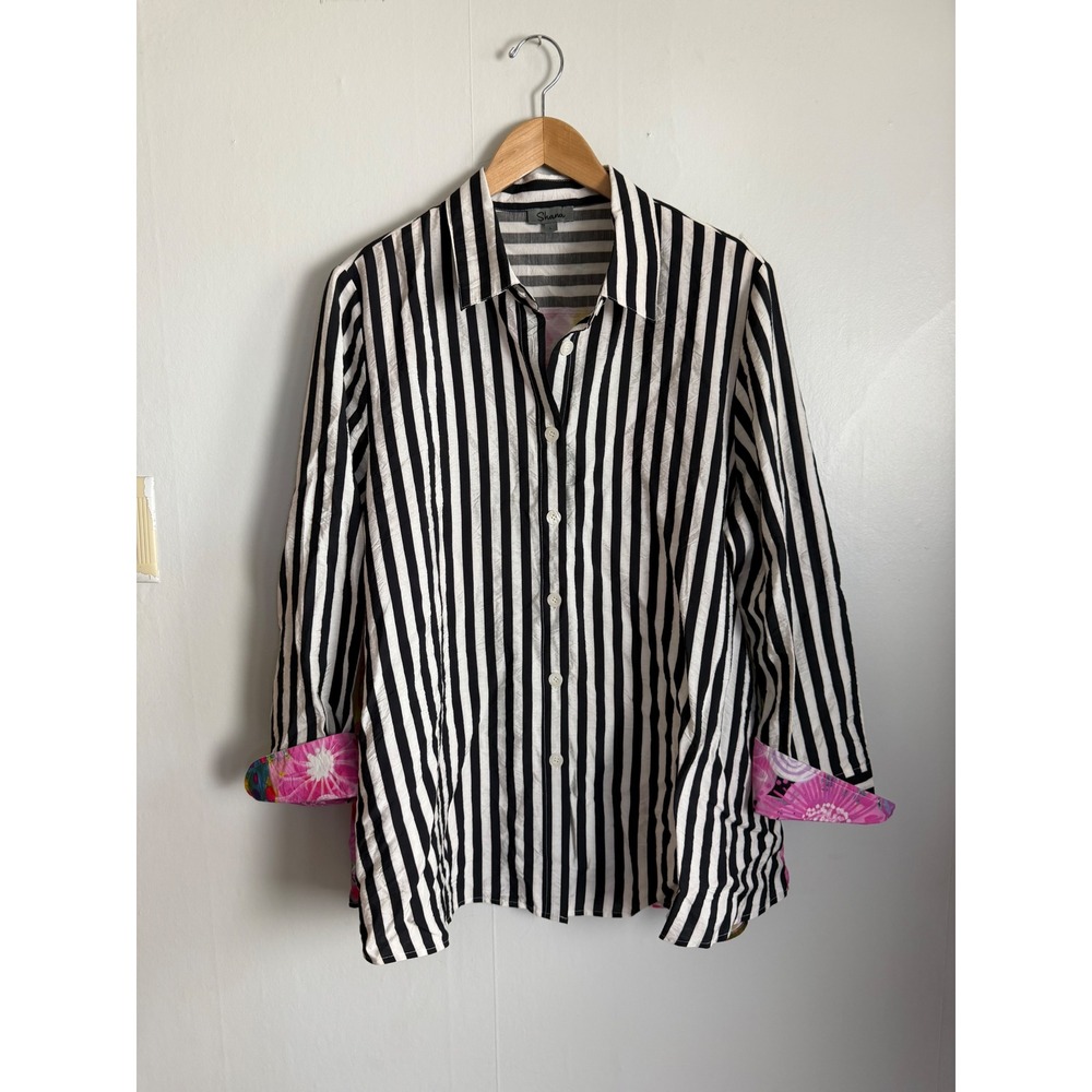 Shana Women Striped Floral Back Button Down Shirt Art To Wear coastal Beachy L